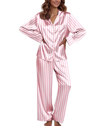 Image of Ekouaer Pajamas For Women Set Silk Pjs 2 Piece Satin Sleepwear Long Sleeve Button Down Lounge Sets With Pant