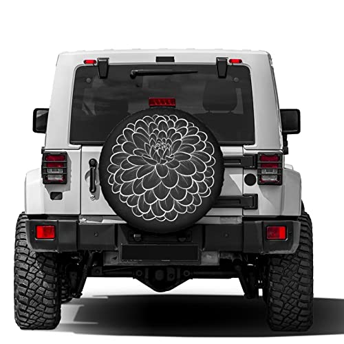Image of Beautiful Monochrome Black and White Dahlia Flower Spare Tire Cover Dust-Proof Wheel Tire Cover Fit Trailer, RV, SUV and Many Vehicle 17 Inch