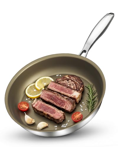 ABIJAN Bratpfanne 28cm Edelstahl Antihaftbeschichtet, Titan Pfanne Induktion, Edelstahlpfanne für alle Herdarten, PFOA/PFAS-Frei, Gesunde Pfanne, Ergonomischer Griff, Backofenfest bis 260°C