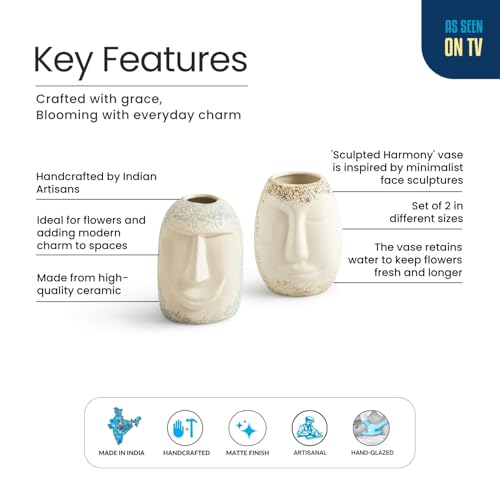 Image of ExclusiveLane 'Sculpted Harmony' Decorative Ceramic Flower Vase for Living Room Ceramic Vase for Home Decor Side Table Show Case Flower Vases Showpiece Gifts (Set of 2, 13.9 Cm, Handglazed Pottery)