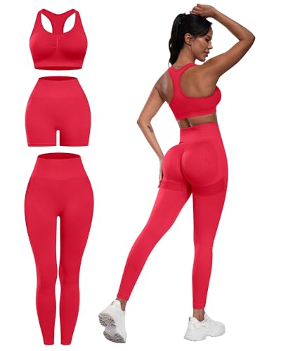 SALSPOR 3 Piece Workout Sets for Women Butt Lifting Leggings with High Impact Sports Bra Gym Shorts(3DWX-Red-S)