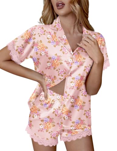 Image of Ekouaer Womens Lace Satin Pajama Set Button Down Pj Shorts Set Bridesmaids Getting Ready Outfits Casual Sleepwear XS-XXL