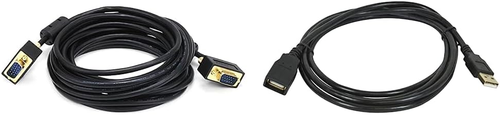 Monoprice 15ft Ultra Slim SVGA Super VGA 30/32AWG M/M Monitor Cable w/ferrites (Gold Plated Connector) & 15-Feet USB 2.0 A Male to A Female Extension 28/24AWG Cable (Gold Plated) (105435),Black