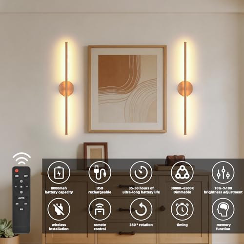 Image of Wall Sconces Battery Operated Set of Two, Faux Wood Texture Finish Wall Lights with Remote Control 350 Rotate, 27.6 Inch Dimmable USB Rechargeable Wall Lamp for Living Room Bedroom Hallway