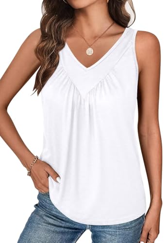 Bliwov Womens Tank Tops V Neck Ruched Cute Summer Sleeveless Shirts White