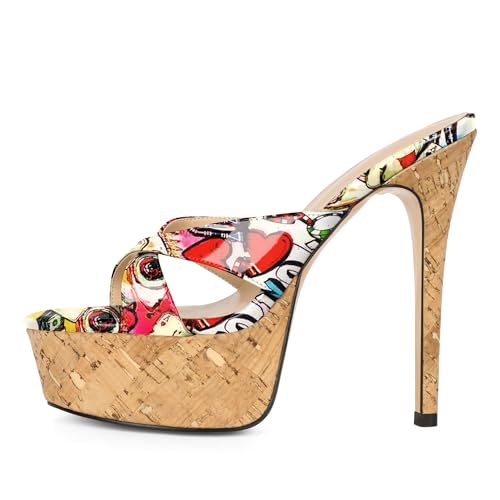 Image of Esvowido Heeled Mules for Women Cork Platform Stiletto Heels Slip on Open Toe High Heeled Sandals Crisscross Slippers Pumps Shoes