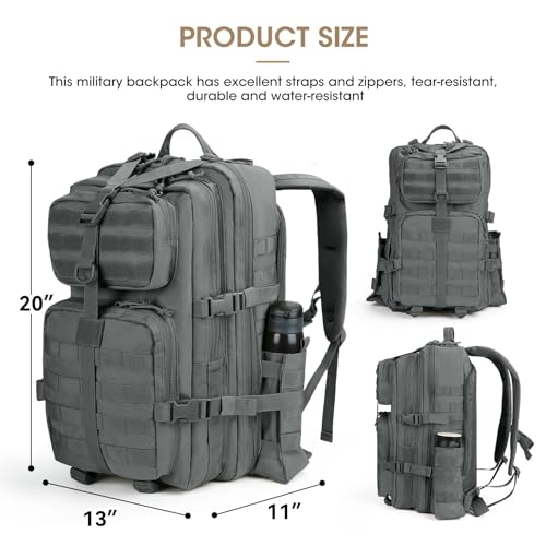 Image of REEBOW GEAR Military Tactical Backpack for Men 3 Day Survival Bag Grey | 40-45L Large Bag, Bottle Holder On the Side, MOLLE, for Outdoor Sports Hunting Hiking, Daypack Bug Out Rucksack Work Bag