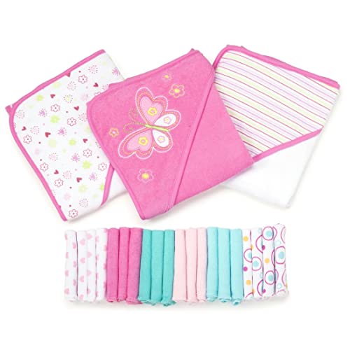 Image of Spasilk Bath Hooded Towels & Washcloths Set for Babies, 23-Piece Gift Set, Pink Butterfly, (Gift GBA23 07)