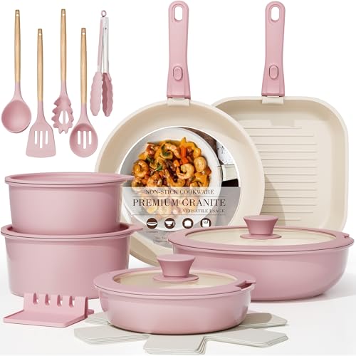 Image of Astercook 23 Pcs Pots and Pans Set Non Stick, Ceramic Cookware Set Detachable Handle, RV Kitchen Cooking Set Removable Handles, Oven Safe, Induction Ready, Stackable, Pink, Mothers Day Gifts