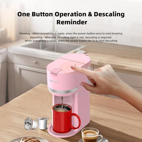 Image of Horavie Mini Single Serve Coffee Maker for K-Cup Pod and Grounds, Fast Brew One Cup Coffee Machine with Descaling Reminder and Water Window, 6 to 12 oz. Brew Sizes, Pink