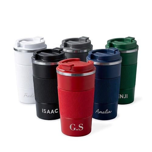 Image of Personalised Insulated Travel Mug with Name, 400ml Stainless Steel Coffee Cup with Lid, Double Wall Thermal Tumbler for Hot & Cold Drinks, Reusable Travel Coffee Mug Gift for Work, Teacher (Grey)