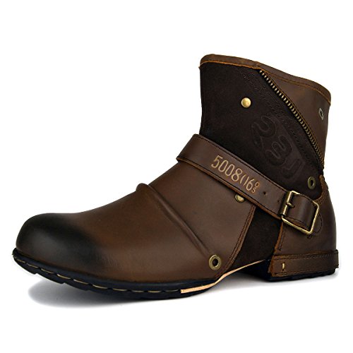 Moto Boots for Men Fashion Zipper-up Leather Chukka Boots with Fur Casual Shoes 5008-6-br-US10