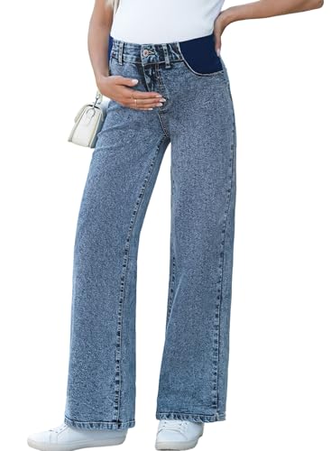 BLENCOT Pregnancy Pants for Women Maternity Wide Leg Jeans Elastic Waist Strech Denim Outfits Sail Blue Large