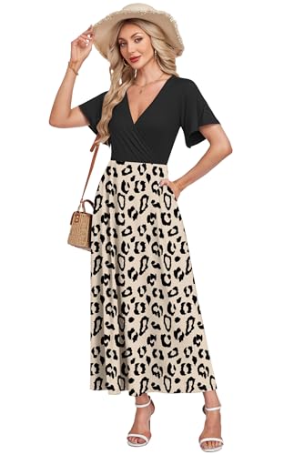 AUSELILY Maxikleider Damen Sommer Kleid Lässig Hohe Taille Lockere Passform Mit Taschen Beige Leopard XS 2