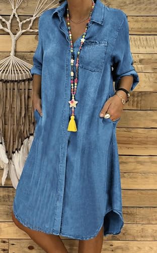 Womens Summer Casual Loose Denim Shirt Dress Long Sleeve Button Down Classic Vintage Jean Dresses2