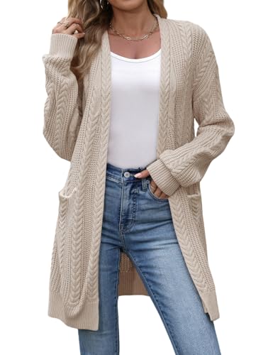 VIMPUNEC Womens Fall Long Cardigan Sweaters Cable Knit Jackets Open Front Outwear Coats with Pockets
