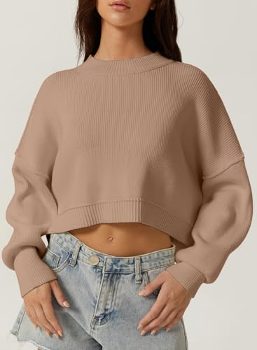 QINSEN Women's Mock Neck Cropped Sweater Long Sleeve Drop Shouler Oversized Knit Pullover Tops4