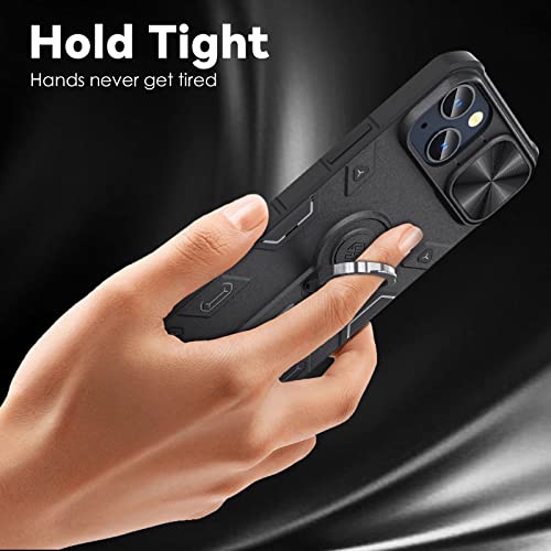 Image of CloudValley Compatible with iPhone 13 Case with Camera Cover & Stand, Slide Lens Protection and Built in 360 Rotatable Ring Holder, Soft Edge Bumper Protective Cases, Black