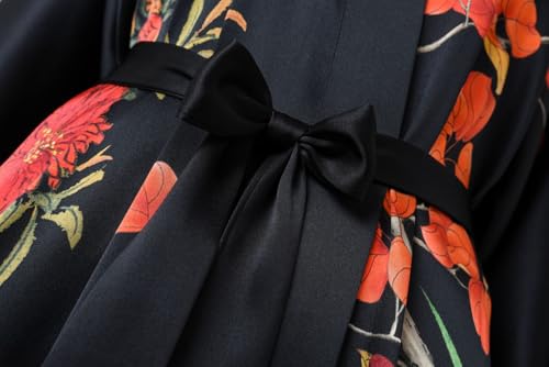 Image of Women's Silk Kimono Robe Short Bathrobe Nightgown 100% Mulberry Silk for Women - Classic Floral Pattern