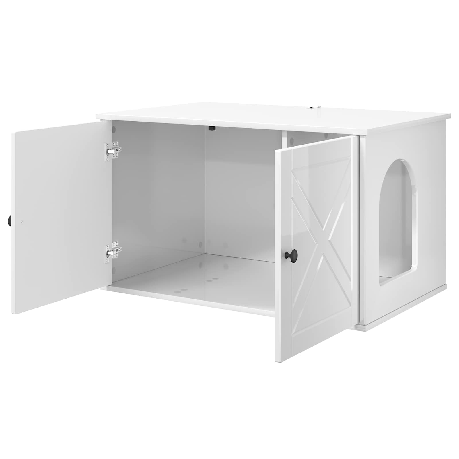 Katzenhaus Glänzend Weiß 85 x 55 x 50 cm Holzwerkstoff Stabiler Rückzugsort für Katzen geeignet für Wohnung und Wohnzimmer mit Liegemulde, Kratzbaum, Hängematte und Kratzbrett