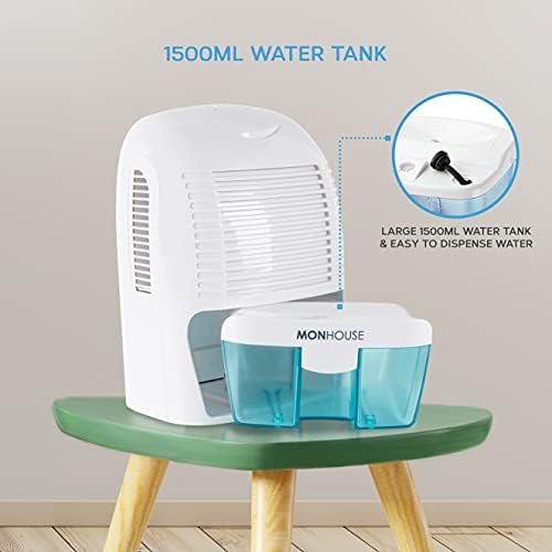 MONHOUSE Dehumidifier 1500ml Portable, Compact & Quiet Moisture Absorber - Mini Air Dehumidifier for Home, Bedroom Damp, Car, Office, Garage, Caravan & Basement - Electric Mould Remover - White/Blue