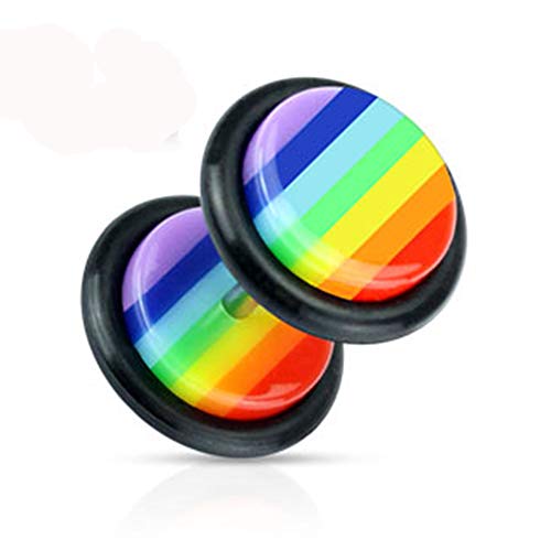 BlackAmazement 316L Edelstahl Fake Plug Piercing Ohrstecker Regenbogen Streifen Pride Rainbow Stripes Mehrfarbig Herren Damen