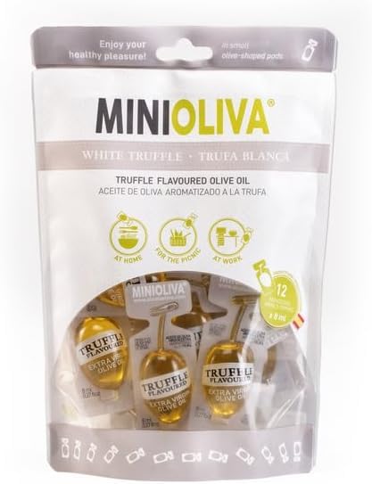 MINIOLIVA Aceite de Oliva Aromatizado a la Trufa Blanca - 12 Dosis Individuales de 8 ml, Perfecto para Casa, Trabajo y Picnic con Empaque Ecológico y a Prueba de Fugas