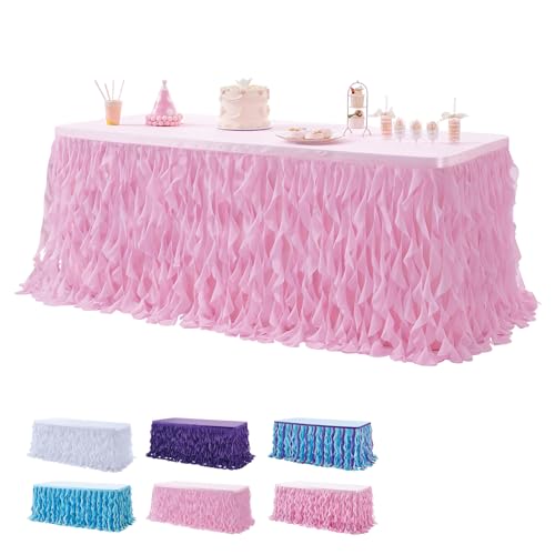 Leegleri 6ft Pink Tutu Table Skirt Tulle Curly Willow Table Skirt for Rectangle&Round Tables,Tutu Ruffle Tablecloth for Princess Girls 1st Baby Girl Birthday Party,Baby Shower Decoration,Gender Reveal