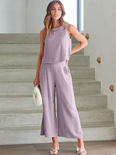 Image of ANRABESS Women's Summer 2 Piece Outfits Sleeveless Tank Crop Button Back Top Cropped Wide Leg Pants Set Pockets