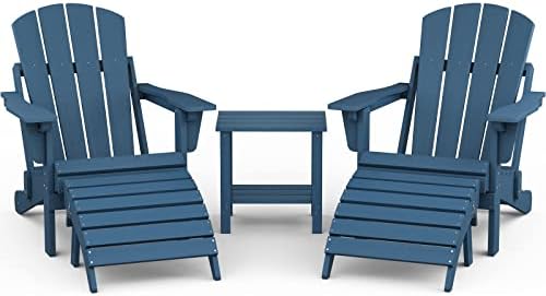 SERWALL 5-Piece Adirondack Chair and Ottoman and Table Set, Weather Resistant Adjustable Backrest Adirondack Chair with Ottoman and Side Table, Adirondack Chair for Backyard, Garden, Deck, Navy