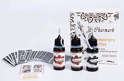 Charmark Temporary Tattoo Art Painting Kit Semi Permanent Freehand Gel(Natural Plants Based) 84 Pcs Free Stencils,Diy Fake Freckles, Full Kit 3Bottles(0.5Oz) #TOP5
