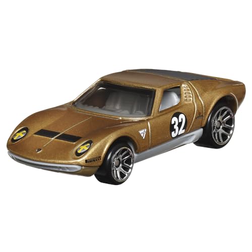  Hot Wheels Veicolo da collezione in pressofusione vintage Racing Club - Auto sportiva dorata - Ispirato alla Lamborghini Miura SV del 1971 - HRT81-4/6