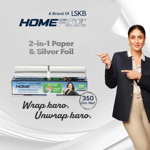 Image of HOMEFOIL 2-in-1 Paper & Silver Converted Aluminium Foil (350 Grams) for Packing | Keeps Food Fresh | Ideal for Wrapping, Storing and Serving | 23.14 Meter Net Guaranteed Length