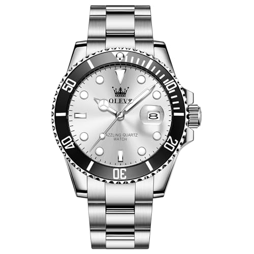OLEVS Mens Silver Tone Watch Big Face Stainless Steel Band White Dial Round Dress Watches for Men Easy to Read Calendar Date Sport Analog Quartz Man Wristwatch Waterproof Luminous Reloj para Hombre