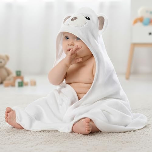 Image of MINIBOO Hooded Baby Towels for Newborn - Super Soft Baby Bath Towels with Hood, Highly Absorbent Viscose Made from Bamboo Hooded Towel for Infant, Toddler and Kids, Baby Essentials