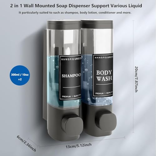 Image of Triple Wall Mounted Bathroom Soap Dispenser, Shampoo Conditioner Body Wash Container, Space Saving Refillable Liquid Dispenser for Shower Use (2-Chamber)