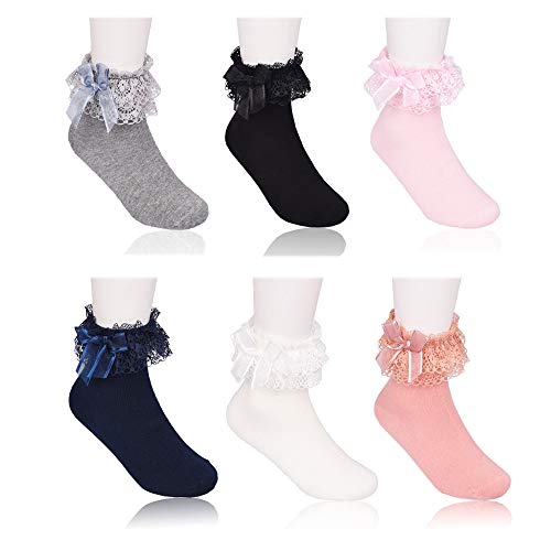 Girls Lace Socks, Little Girl Cute Bowknot Ruffle Princess Dress Socks 6 Pairs Pack (Type A, S (1Y-3Y))