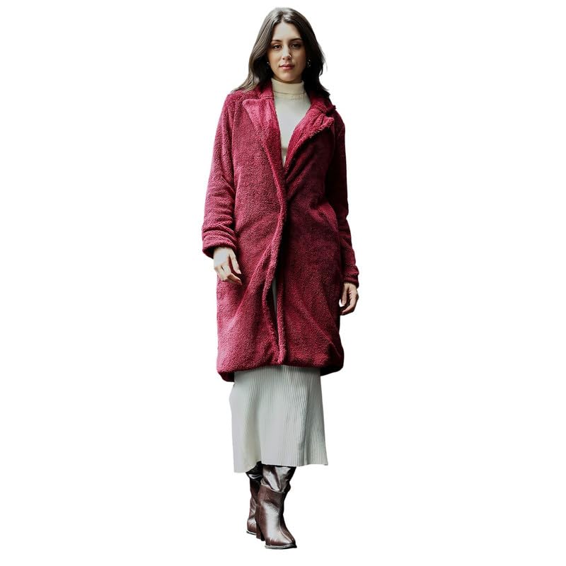 pinacolada Women's Long Coat, Notch Collar, Long Regular Sleeves, Button Closure, Solid Textured Woven Shirt For Casual, Burdundy Red-picture-12