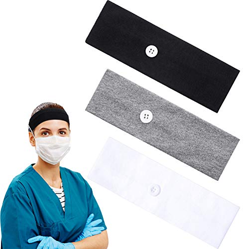 3 Pieces Button Headband Ear Protection Holder Yoga Hairband Headwrap for Face Cover, Multifunctional Hair Band for Nurse Doctor (Black, White, Gray)