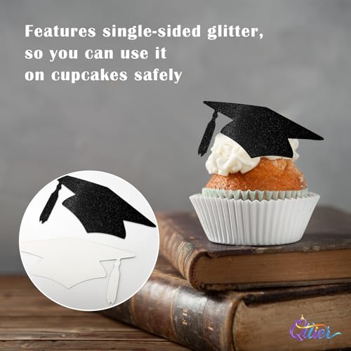 Image of Qttier 12pcs Graduation Cap Confetti Black Glitter, Big Size 4 inches | Congrats Grad Party Decorations Graduation Table Decor Class of 2026 High School College Grad Party Supplies