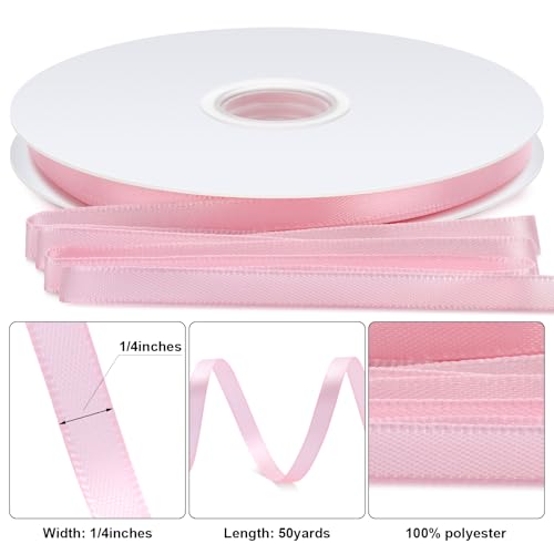 Pink Ribbon, 1/4inch 50 Yards Fabric Satin Ribbon for Gift Wrapping Floral Flower Bows Bouquet Arrangement Crafts Hair, for Every Holiday Presents Decorative Ribbons