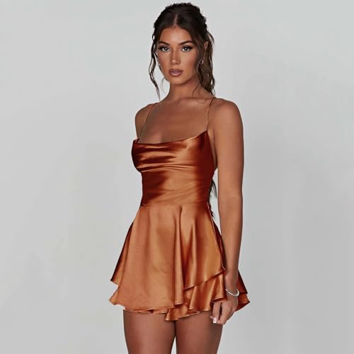 Image of AGYMNX Women Sexy Spaghetti Strap Satin Dress Sleeveless Low Cut Backless Short Romper Dress Party Jumpsuit Mini Sundress