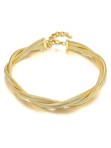 KeyStyle Chunky Gold Choker Chains for Women, Layering Snake Link Chain Necklace for Wife Fiancee, 14k Gold Short Statement Neck Chains Collar (16 Inches)