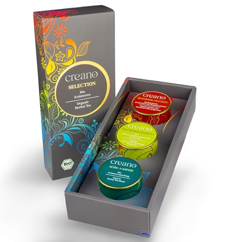 Creano Set de Té de Hierbas Orgánico de Regalo «HERBAL MIX» - 3 tipos diferentes de té en latas de metal - 34g - vegano y sin gluten - NUEVO 2024 *