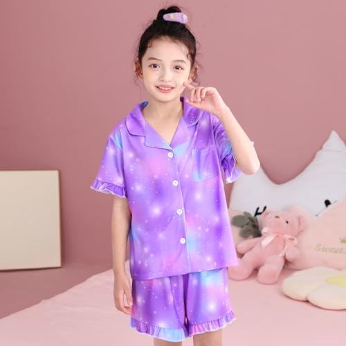 MHJY Girls Button Down Pajamas Sets, Short Sleeve Sleepwear with Shorts for Kids, Summer Pjs2
