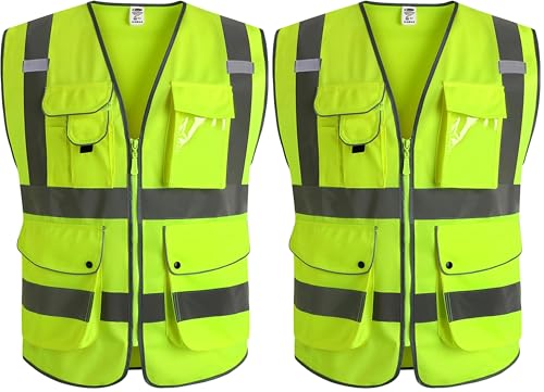Image of JKSafety 9 Pockets Class 2 High Visibility Zipper Front Safety Vest With Reflective Strips,Meets ANSI /ISEA Standard (X-Large, Yellow) (Pack of 2)