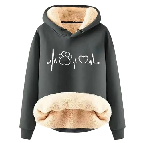 Generisch Verdicktes Damen Warmes Plüsch Sweatshirt mit Kapuze Lässiger Hundepfoten Druck Kapuzenpullover Muster Pulli Tops Winter Thermo Hoodie Fleece Sweater Pullover Wintermantel