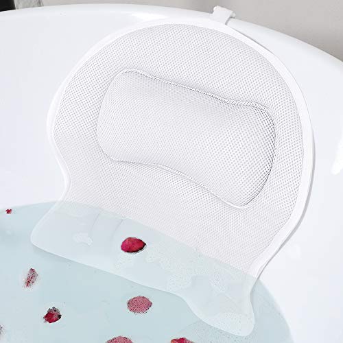 Aisto Bath Pillow for Tub Comfortable 3D Air Mesh Bathtub Pillow for Neck and Back Support Bath Tub Pillow with Strong Suction and Machine Washable Bag White