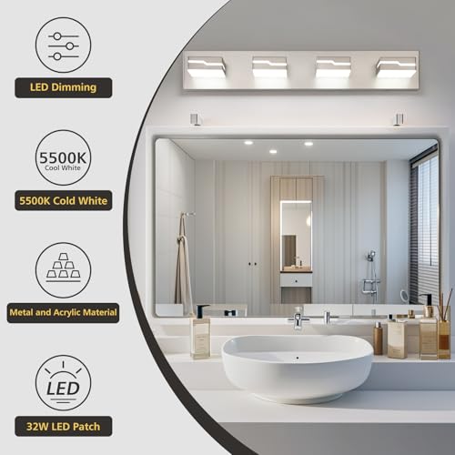 Image of LED Modern Bathroom Vanity Light Fixtures 4-Light, 25.5 inch Dimmable Nickel Vanity Lights for Bathroom Lighting Fixtures Over Mirror, with 350Rotatable Acrylic Heads(White Light 5500K)