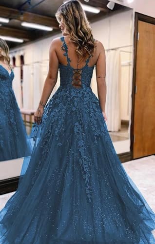 Glitter Tulle Prom Dress 2024 V Neck Lace Appliques Evening Gowns for Women Spaghetti Straps Formal Dress2